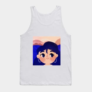 Kawaii Girl with Long Blue Hair in the Sea - Cute Ocean Art Tank Top